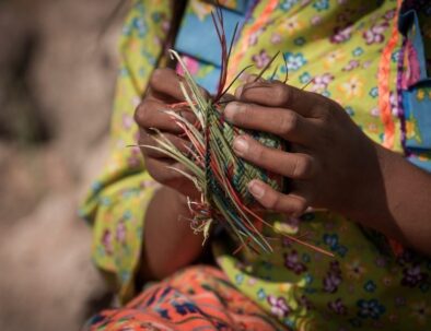 Eine Rarámuri-Frau fertigt einen traditionellen Handkorb aus Naturfasern in der Sierra Tarahumara im Kupfercanyon, Chihuahua, Mexiko.